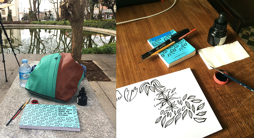 Val's setup: custom notebook, nice pens, bookbag